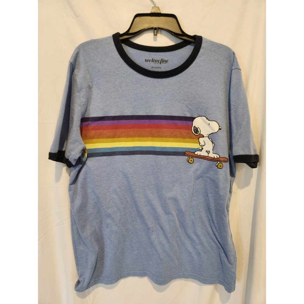 Vintage We Love Fine Peanuts Snoopy Skateboard Rainbow Ringer T-Shirt Blue XXL